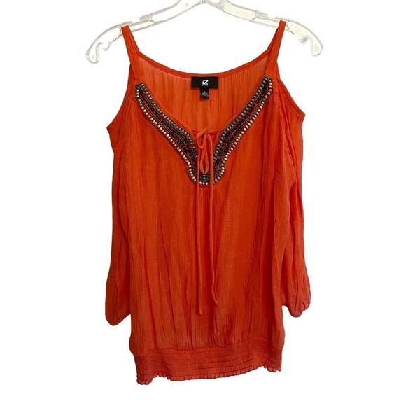 IZ Byer Women's Orange Beaded Front Cold Shoulder Boho‎ Top - L EUC - Picture 1 of 11